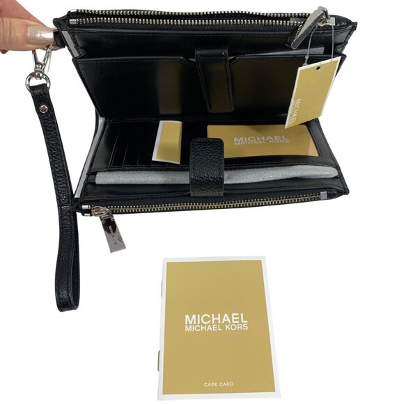 NWT $158 MICHAEL KORS Jet Set Double Zip Wristlet Phone Wallet Black Leather - Picture 1 of 6